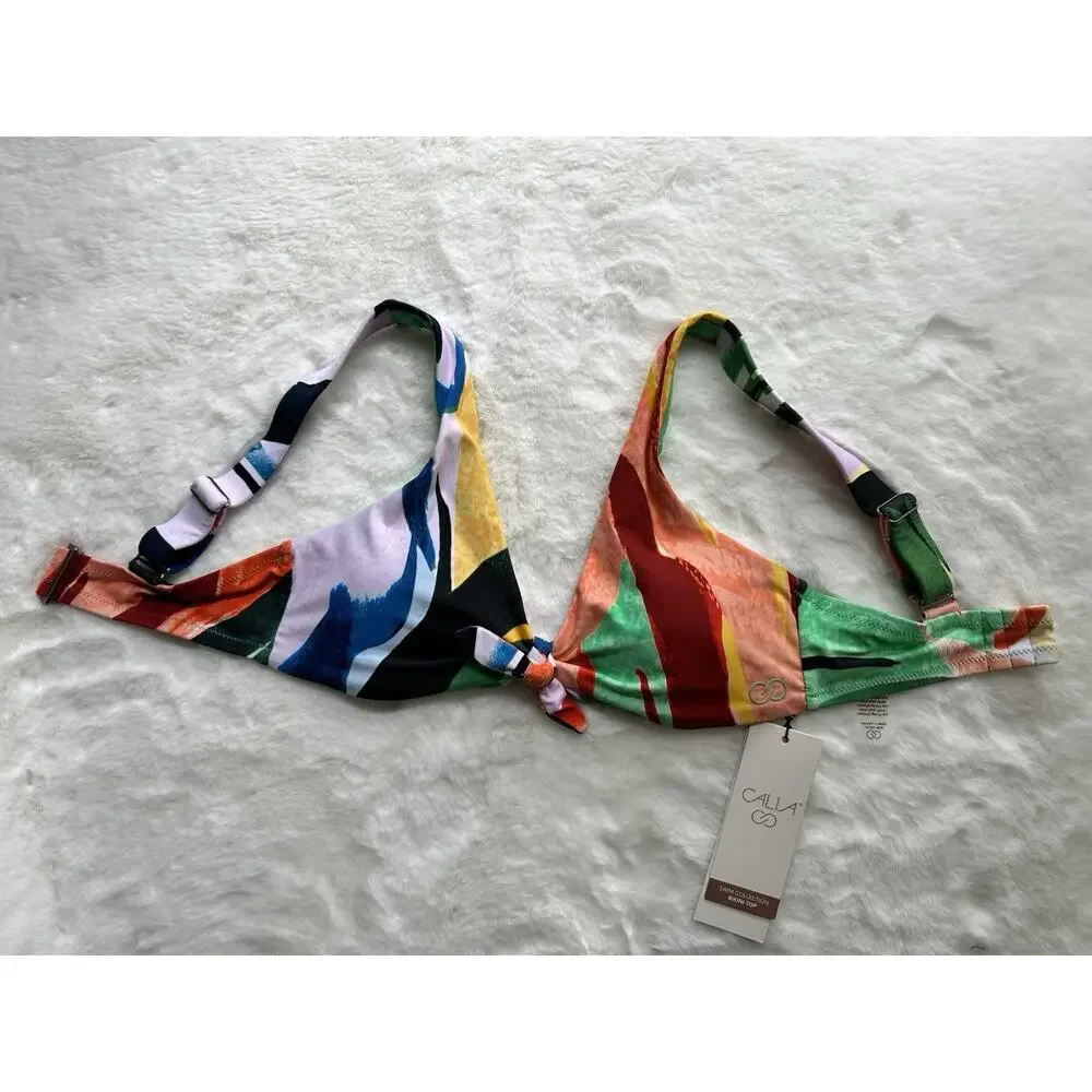 Calia Women's Tie Front Bikini Top Only‎ Painterly Art Multicolor NWT Sz X-small
